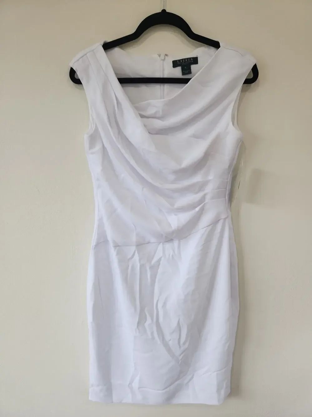 Lauren Ralph Lauren White Wrap Ruched Stretch Lined Midi Dress Size 8 NWT READ